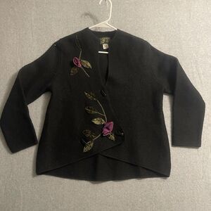 South Wool 100% Pure Virgin Wool Black Floral Embroidered Cardigan Sweater M